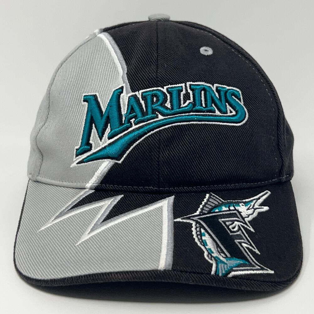 Vintage 90s Florida Miami Marlins Hat Baseball Cap Black Strapback 6 Panel MLB